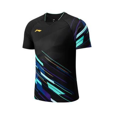 Li Ning Badminton Serie Volledige Print V-Hals Pullover Comfortabel Veelzijdig Ademend Korte Mouw Badminton Shirt Unisex tops Zwart AAYU223-1