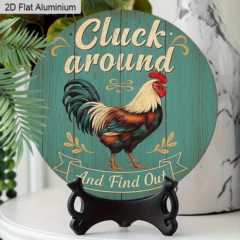 2D Flat Aluminum Funny Chicken Sign Round Metal Sign, Funny Farm Animal Door Hanger for Backyard Barn Fence Decoration, Pre-Drilled Holes for Easy