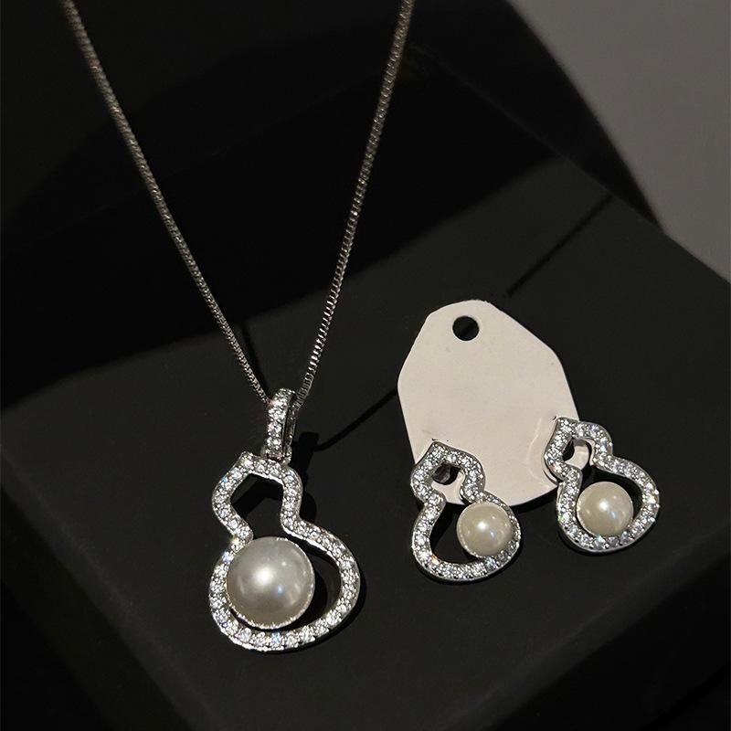 Silver needle zircon pearl gourd earrings necklace set stud earrings personalized design jewelry women