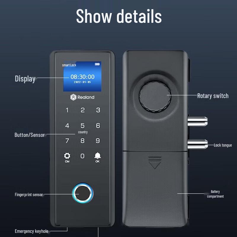Realand ZD208Y Smart Fingerprint Glass Door Lock CN plug (adapter included)