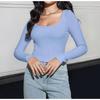 Womens Square Neck Ribbed Knit Long Sleeve Crop Top Casual Solid Color Fitted Blouse