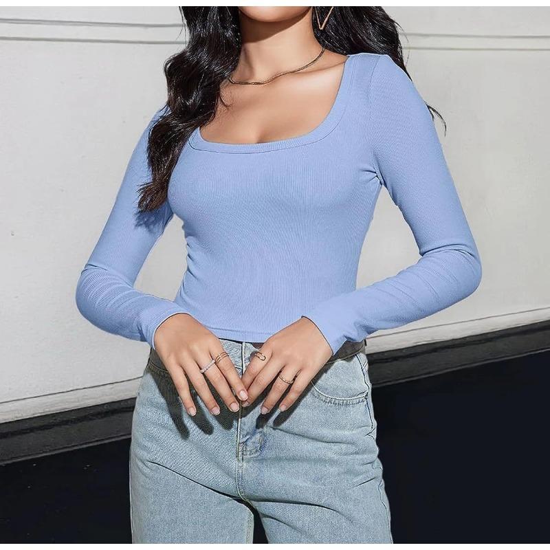 Womens Square Neck Ribbed Knit Long Sleeve Crop Top Casual Solid Color Fitted Blouse