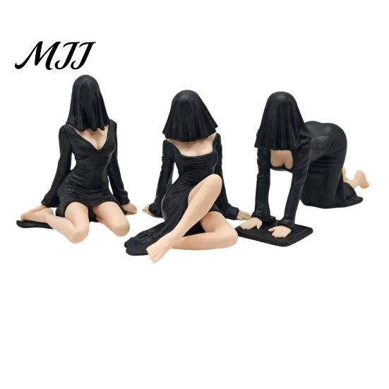 Decorative Seated Figurine Ghost Girl Hooded Sculpture, Ethereal Mysterious Statue, Gothic Whimsical Garden Ornament Queen Character Robe for