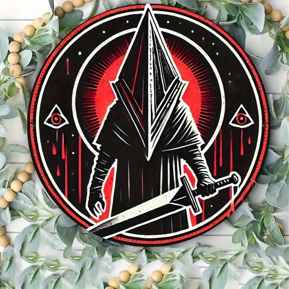 

Pyramid Head Metal Sign Blood Red Horror Wall Plaque Heavy Iron 8x8 Inch Game Room Decor 20x20