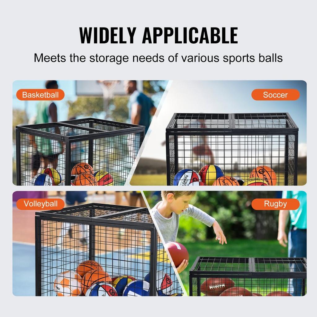 Rolling Sports Ball Storage Cart, Lockable Basketball Cage with Double Lids, Sport Equipment Holder Organizer for Indoor Outdoor, Steel Storage Rack
