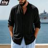 Herren Leinenmischung Mandarin-Kragen Hemd - Langarm Button-Up Lässig Lockerer Schnitt Strandurlaub Oberteil in Unifarben Beige