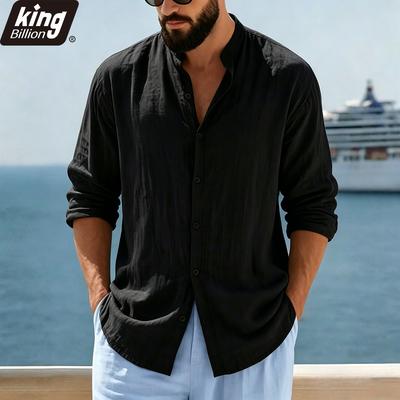 Herren Leinenmischung Mandarin-Kragen Hemd - Langarm Button-Up Lässig Lockerer Schnitt Strandurlaub Oberteil in Unifarben Beige
