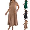 Women Short Sleeve Crew Neck Casual Loose Fit Pleated Midi Dress with Pocket Comfortable Everyday Wear Suitable for Various Occasions