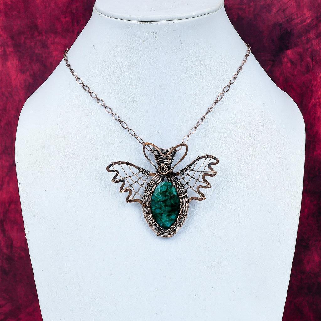 Faceted Zambian Emerald Gemstone Pendant Copper Wire Wrapped Butterfly Pendant