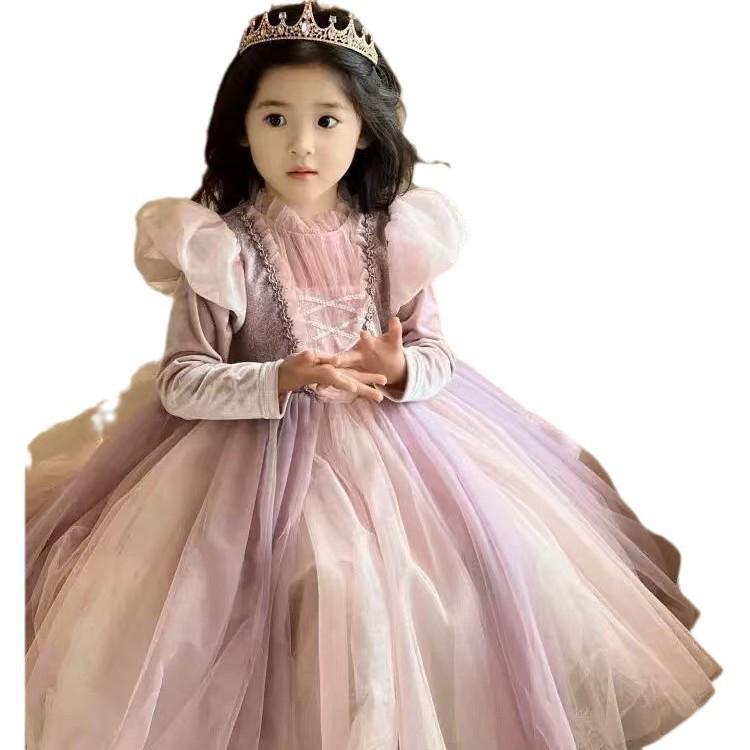 Luxurious Velvet Princess Rapunzel Puff Sleeve Dress for Girls - Autumn/Winter