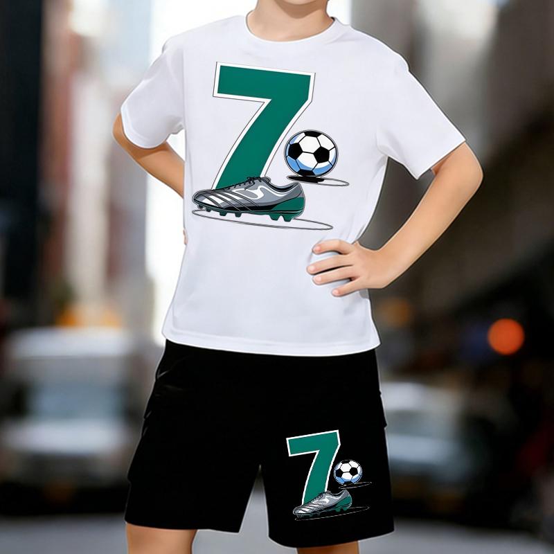 

Boys 2 Piece Football-themed printed Outfit, Short Sleeve T-Shirt and Shorts Set for Kids Age 5-14, Black and White Sporty Casual Summer Clothes 13-14 Years білий