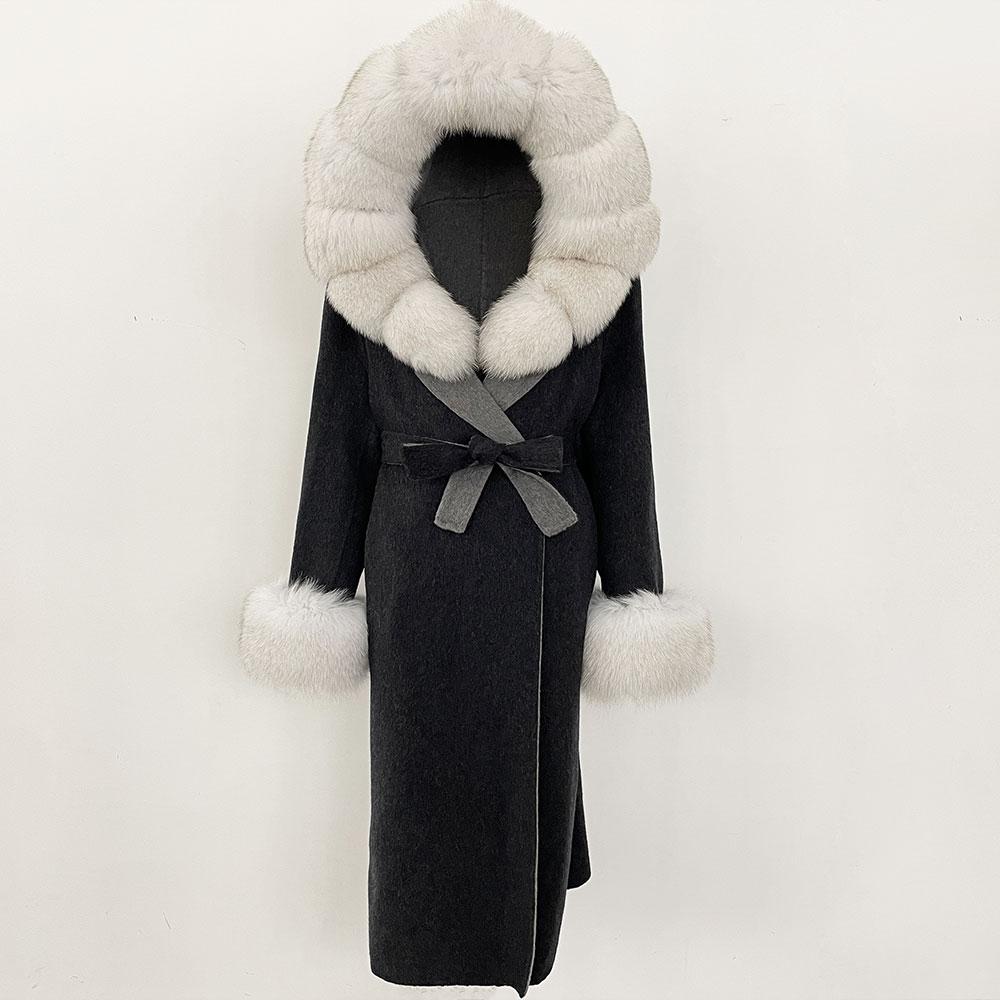 OFTBUY Winter Women Coat Real Natural Fox Fur Hooded Detachable Collar Double-faced Woolen Jacket Long Casual Elegant Overwears