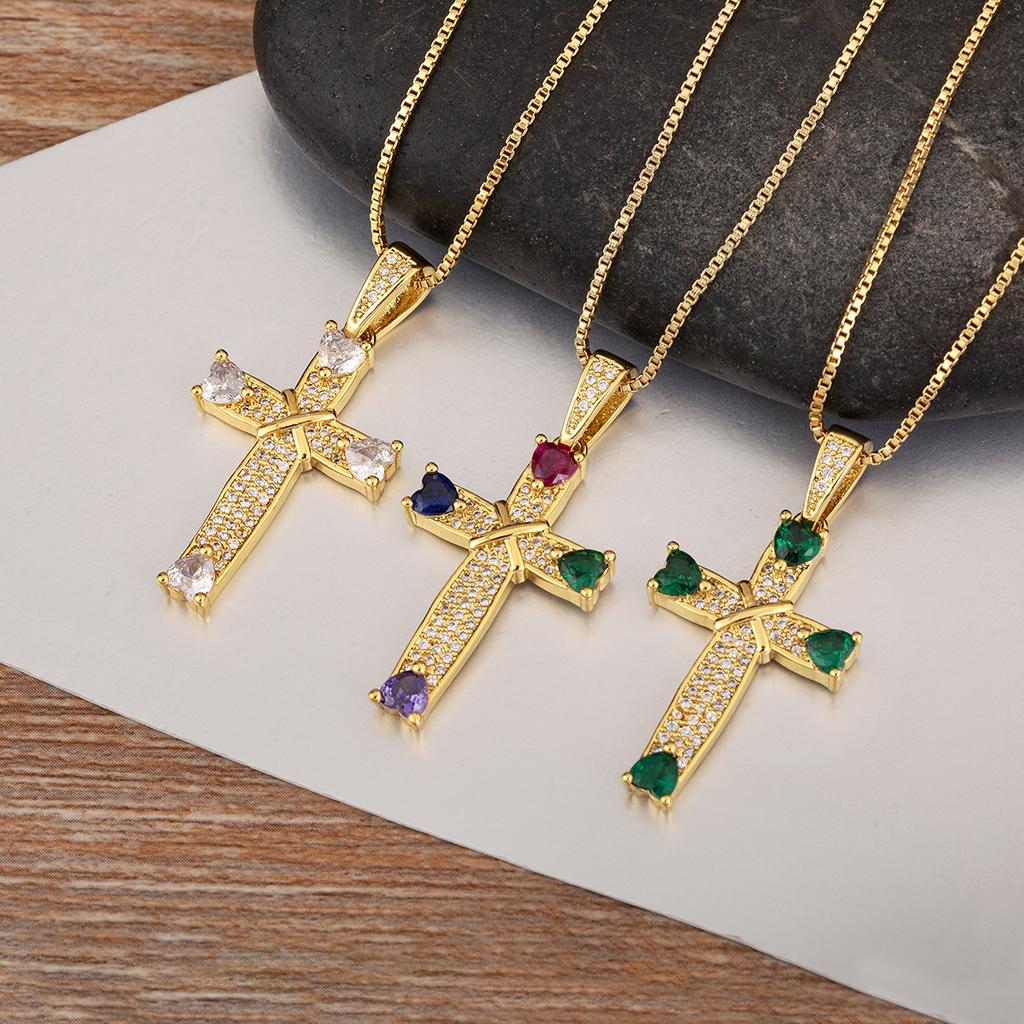 Nidin New Trendy Heart Shape Rhinestone Jesus Cross Pendant Necklace For Women Men 5 Colors Choice Clavicle Chain Jewelry Gifts