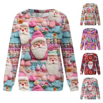Christmas Sweatshirt Women 3D Xmas Tree House Print Crew Neck Long Sleeve