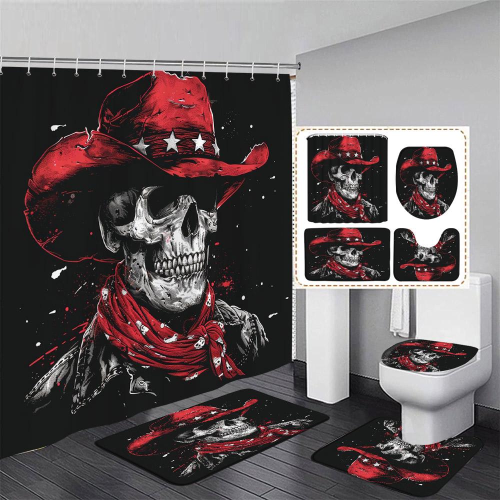 Floral Skull Shower Curtain Set Butterfly Moth Pink Mushroom Flower Skeleton Halloween Home Bathroom Decor Bath Mat Toilet Cover