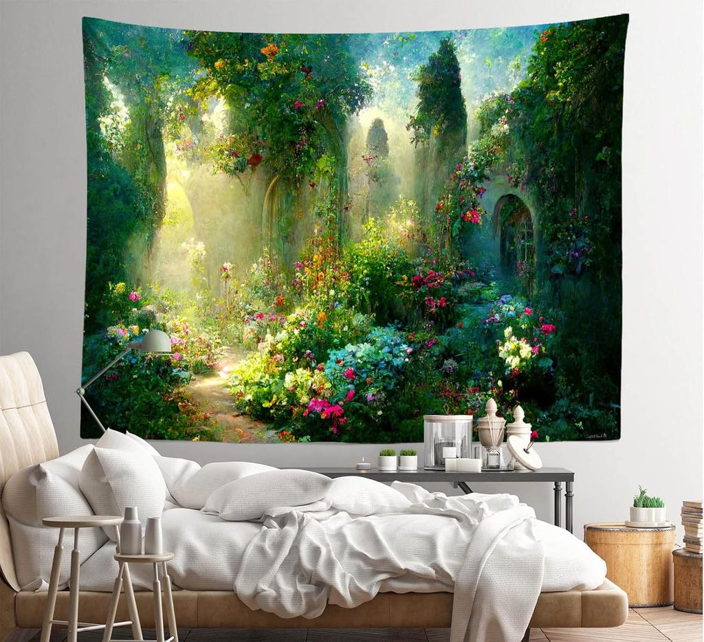 Fairy Tale Garden Tapestry - Enchanted Flower Arche, Colorful Greenery Wonderland Wall Hanging for Girl Princess Magic World