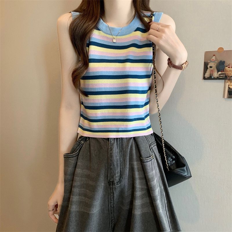 Women's Dopamine Rainbow Stripe Camisole Knit Top Summer Gorgeous Beautiful High-end Sleeveless Small Vest Outer Wear