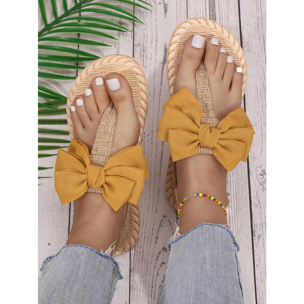 Summer Flip Flops Women'S Sandals Bohemian Style Hemp Bottom Clip Foot Fashionable Room Pink Hanging Bead Bow Trendy Sandals