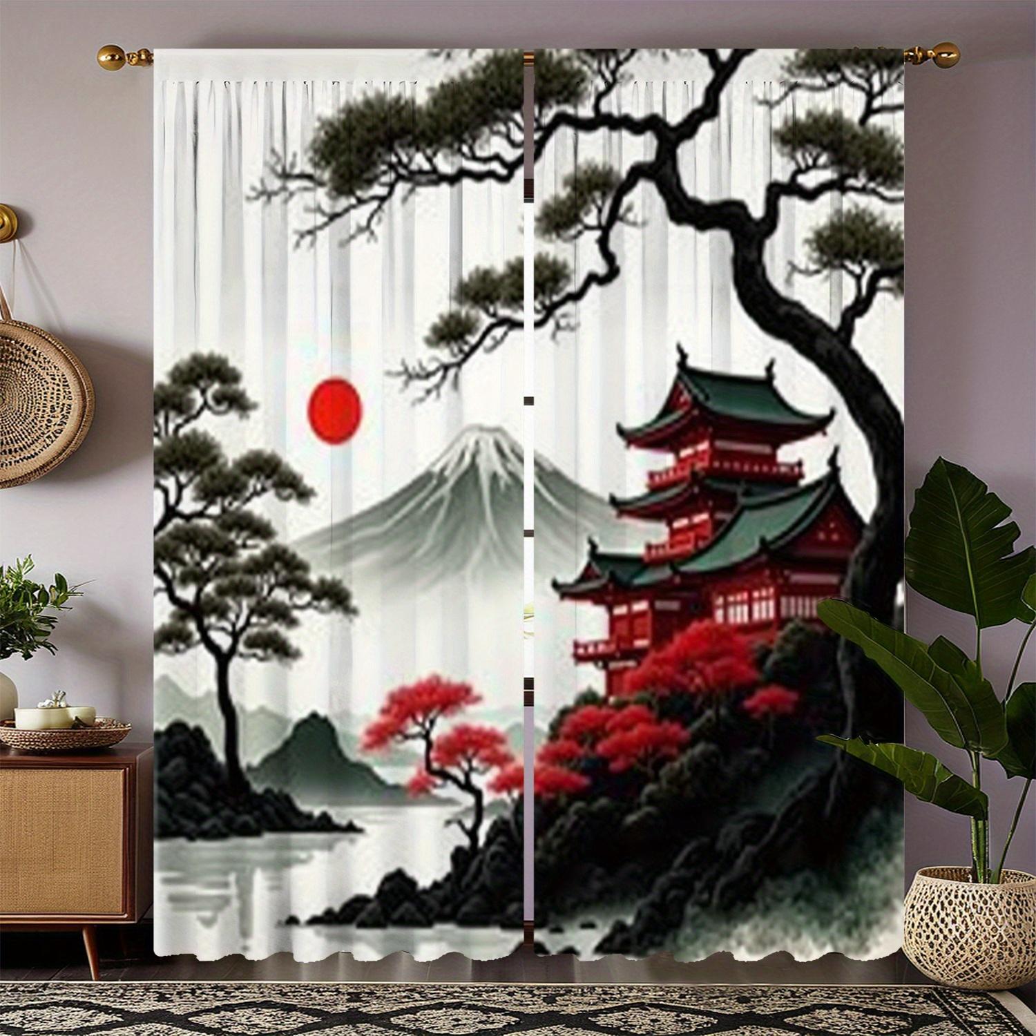 

Fuji Sakura Curtains Red Maple Print Living Room Bedroom Study Light Filtering Made Of Polyester Area Window Treatment W100*H70(CM)-Grommet top&2PCS