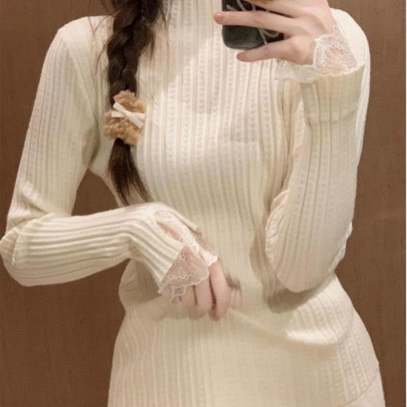 Women's Autumn Winter Lace Paneled Knit Base Layer Slim-Fit Inner Wear Top Stylish Niche Temperament Sweater