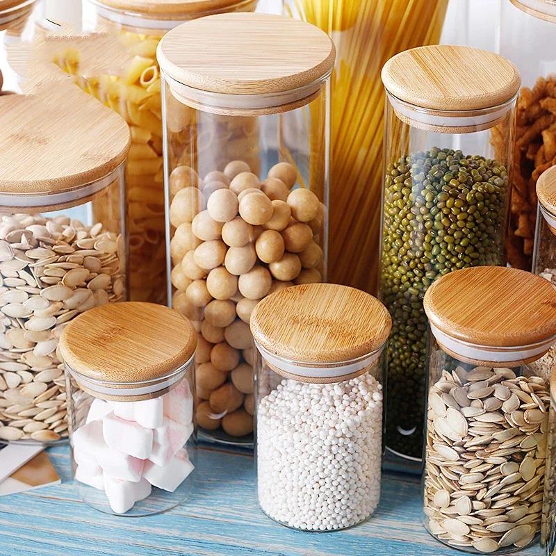 High Quality Glass Transparent Container Glass Jars With Bamboo Lids Candy Tea Coffee Sugar Storage Jars Kitchen Boxes