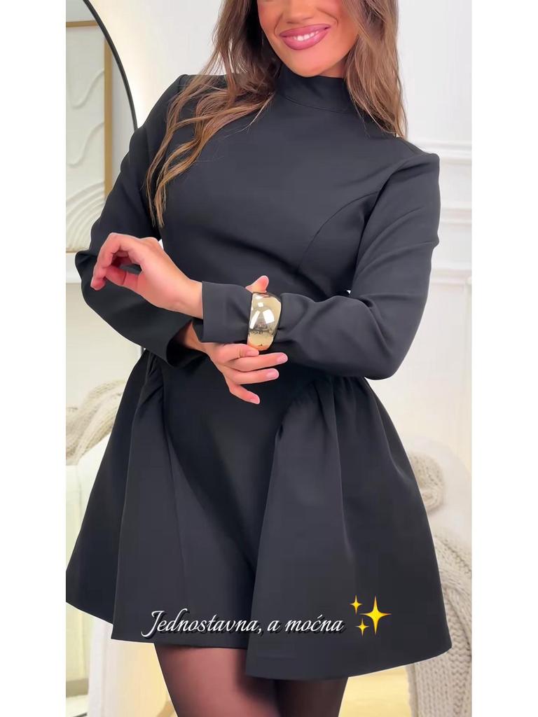 2025 Autumn High Neck Long Sleeve Black Short Dress for Women