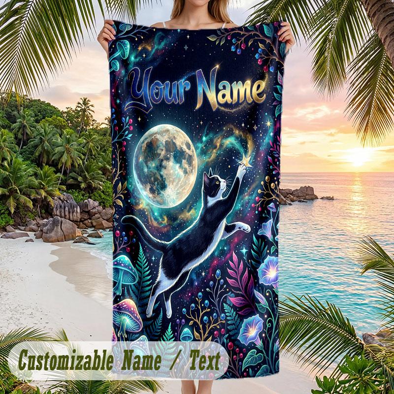Magic Cats Nature Theme Quick Dry Beach Towel Custom Name Text Print Large Sand Resistant Towel Beach Vacation
