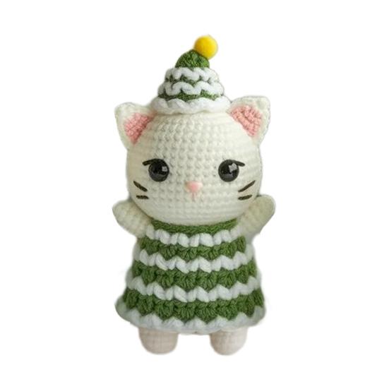 Christmas Crochet Cat Doll Patchwork Color Handcrafted Green Cream Yarns Cat Ornament Xmas Tree Decoration