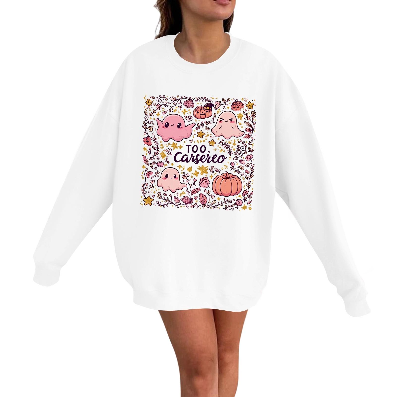 

Women s Casual Fashion Long Sleeve Halloween Print Pullover Round Neck Sweatshirt XXL білий