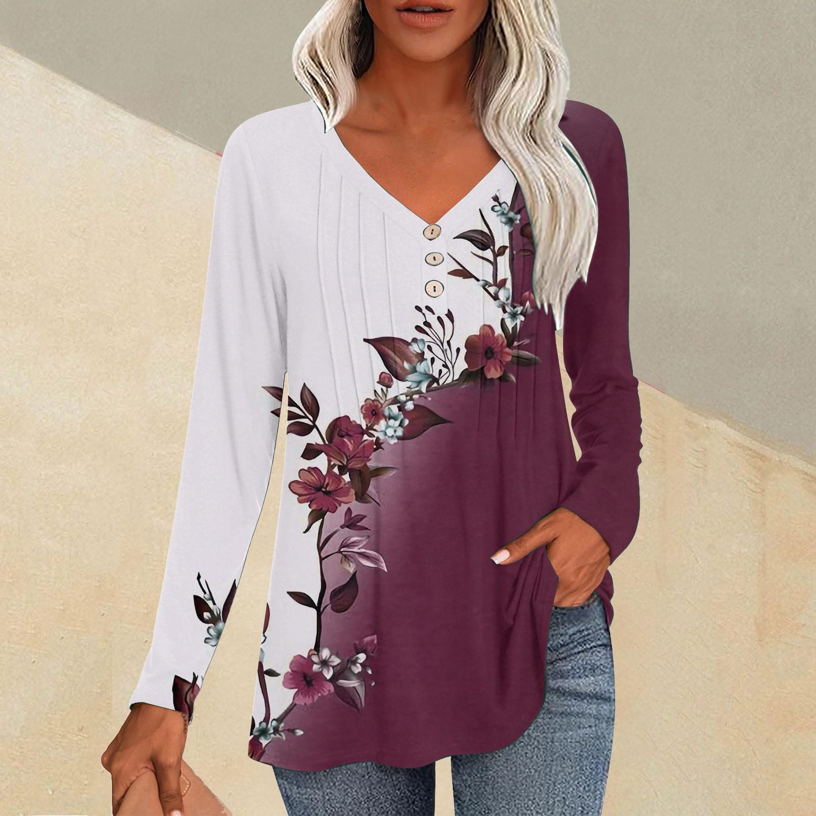 

Модные топы, повседневная плиссированная футболка с V-образным вырезом и растительным принтом, длинный рукав XL небесно-голубой