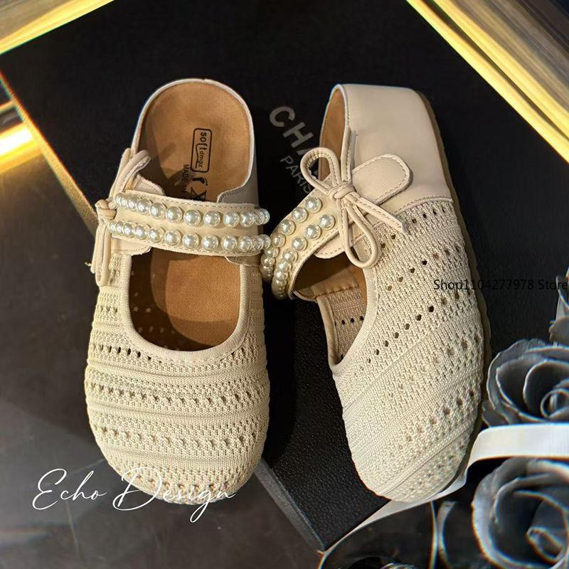 Fashion Bow Pearl Mules Women's Summer Half Slippers Thick Bottom Fashion Woven Lazy Cool Slippers Flats Round Toe Weave Ballet Shoe