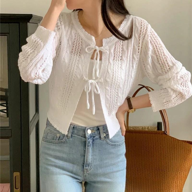 Thin cardigan new women's clothing in stock, European and American hollow lace-up sexy top long sleeve