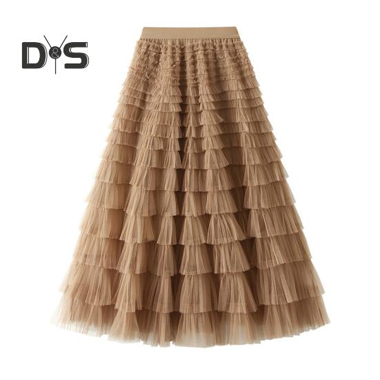 Damenrock, hohe Taille, A-Linie, großer Schwung, Rüschen, einfarbig, verstreuter Saum, plissiert, Patchwork, einfarbig, Prinzessinnen-Stil, elastische Taille, Knöchellänge, Maxi