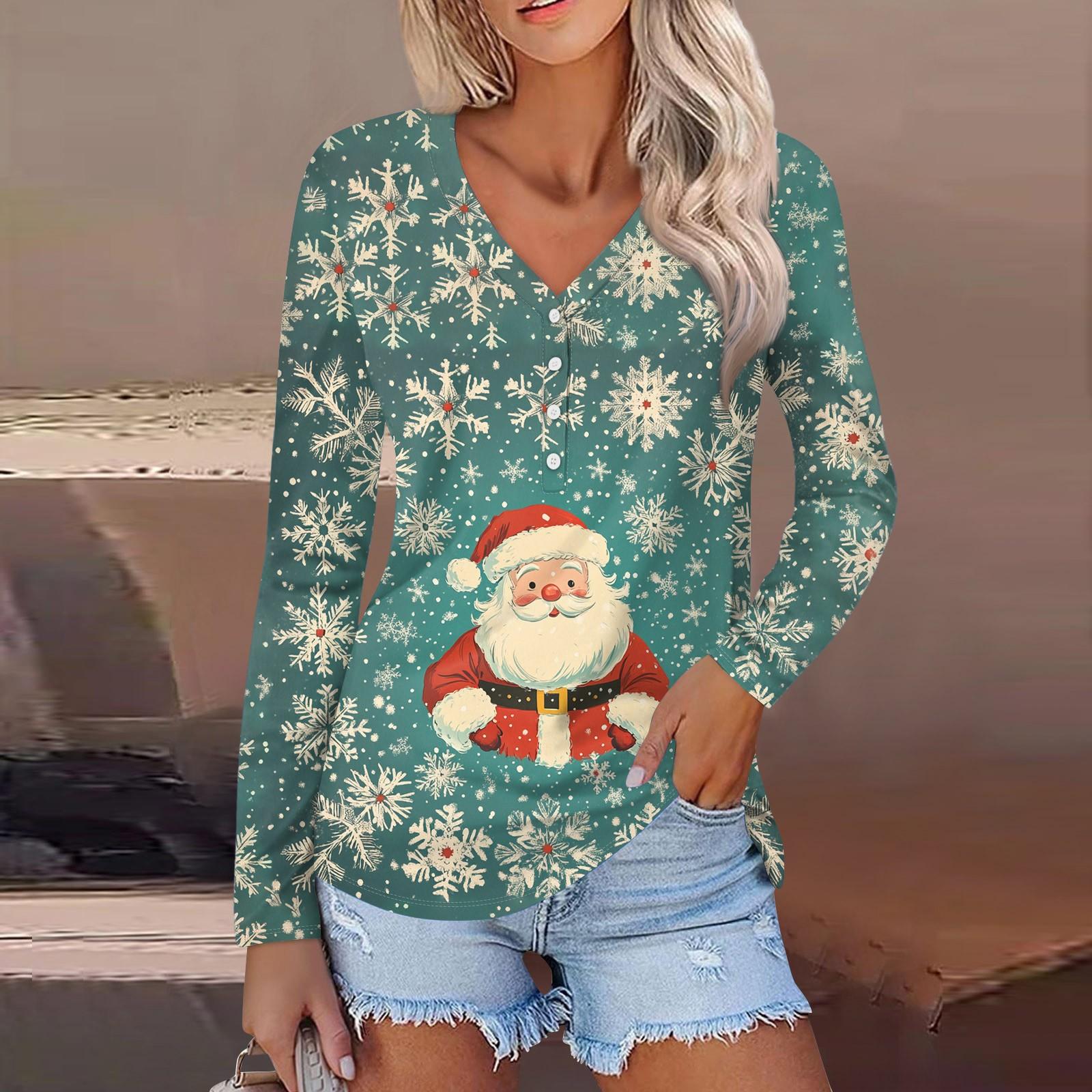 

Женская мода повседневная с длинным рукавом рождественский принт V-образный вырез на пуговицах S винный