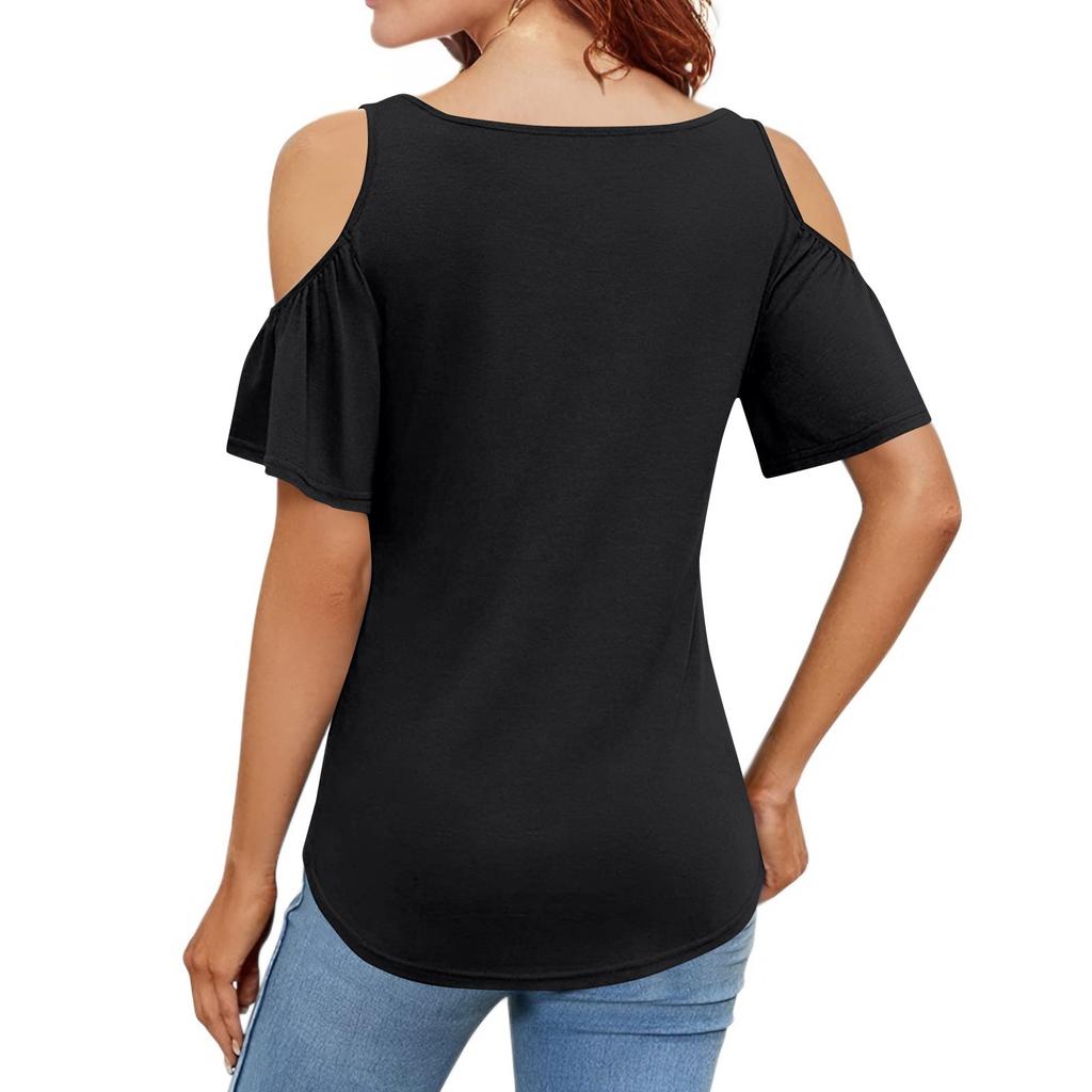 Women's Fashion Casual V-Neck Off-Shoulder T-Shirt Cropped Ruffle Sleeves Hollow Waist Shirt