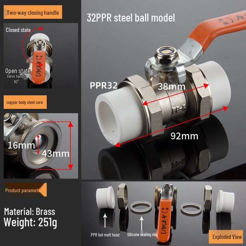 4-Point Double Union 20PPR Stainless Steel Ball Valve for Household Water Pipe Fittings