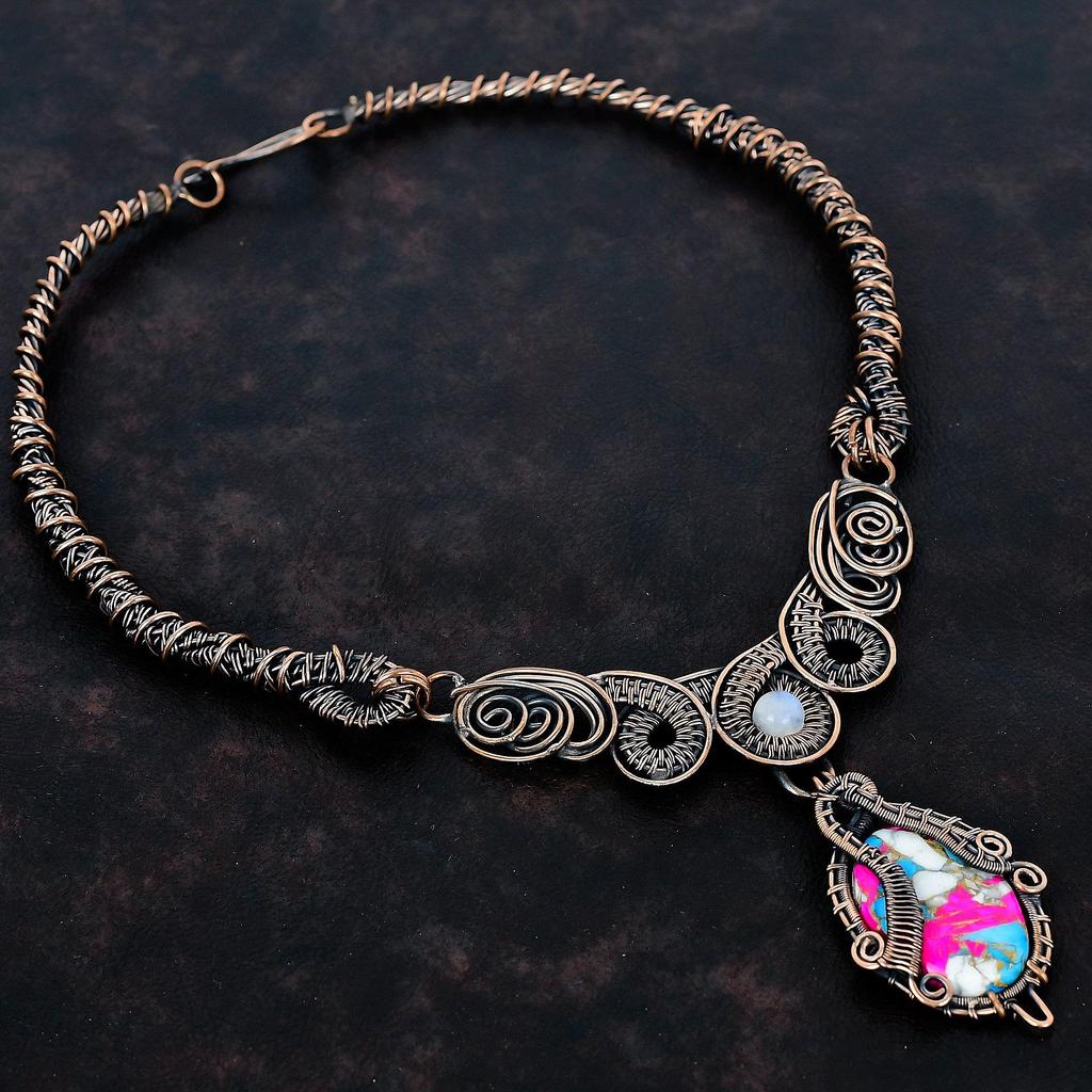 Cotton Candy Turquoise Necklace Copper Wire Wrapped Gemstone Jewelry Rainbow Moonstone Necklace Handmade Copper Wire Necklace Wedding Gifts