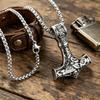Nordic Viking Hammer Pendant Necklace for Men, Vintage Odin Symbol Jewelry with Stainless Steel Chain
