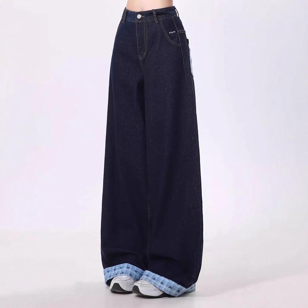 Women's Retro Bow Plaid Cuffed Jeans: High Street Loose Wide-Leg Pants for Spring and Autumn