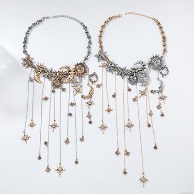 Exaggerated Multi-Layered Tassel Pendant Necklace With Moon Star Sun And Full Diamond Design For Women In Boho Style