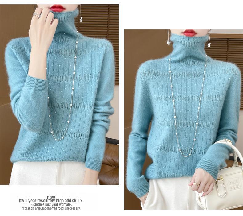 Women's Pure Wool Rhinestone Embellished Knit Top, Stacked Collar, Long Sleeve, Hollow Design for Autumn/Winter