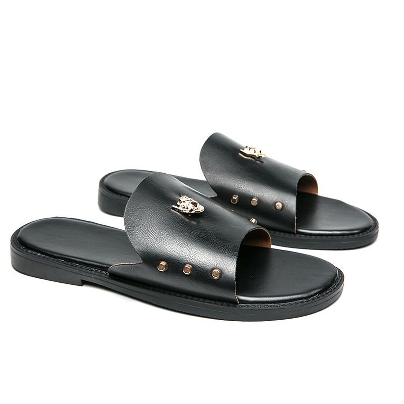 Summer Men's Flat Slippers Slide Sandals Outdoor Beach Open Toe Casual Soft Walking black Leather slippers