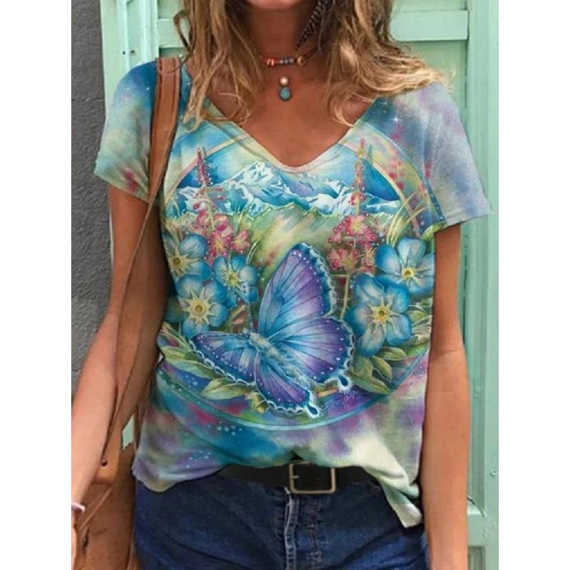 Ladies' Casual Summer Pullover V-neck T-shirt with Floral 3D Printing Short Sleeved Loose Women's Top T-Shirts Women’s