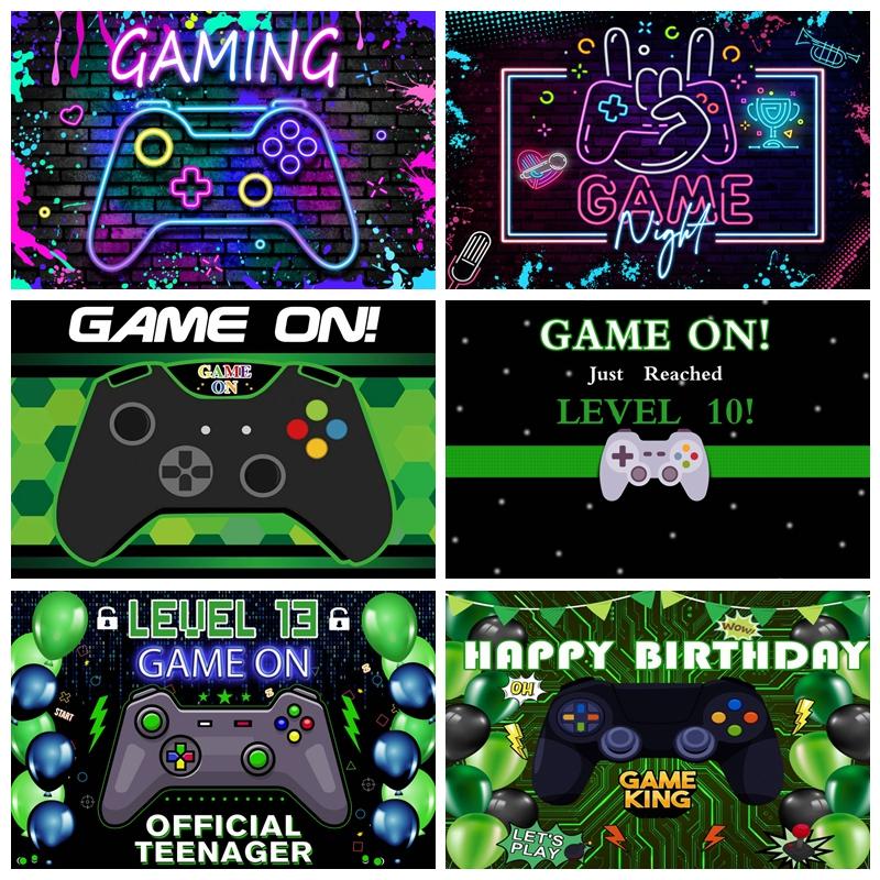 Kids Birthday Party Decor Photography Background Game On Theme Video Gamer Neon Green Gaming Next Level Up Backdrop Props31