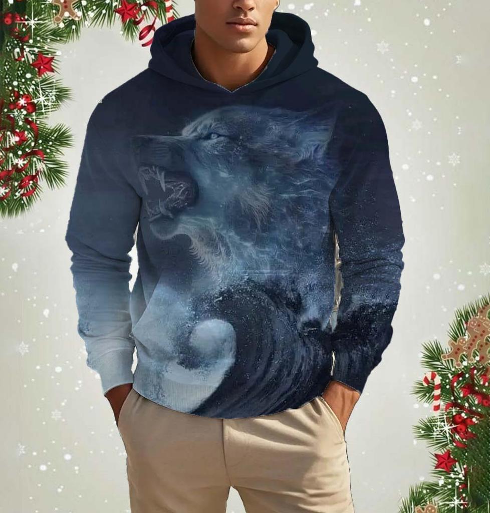 Men's Hooded Fashion Animal Wolf 3D Print Hoodies Top New Autumn Fashion Casual Long Sleeved Pullover Oversized Sweatshirts