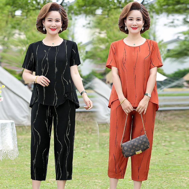 Middle-aged Women Clothing Summer 2 Piece Sets Women's Short Sleeve T-shirt and Harem Pants Loose Woman Suit
