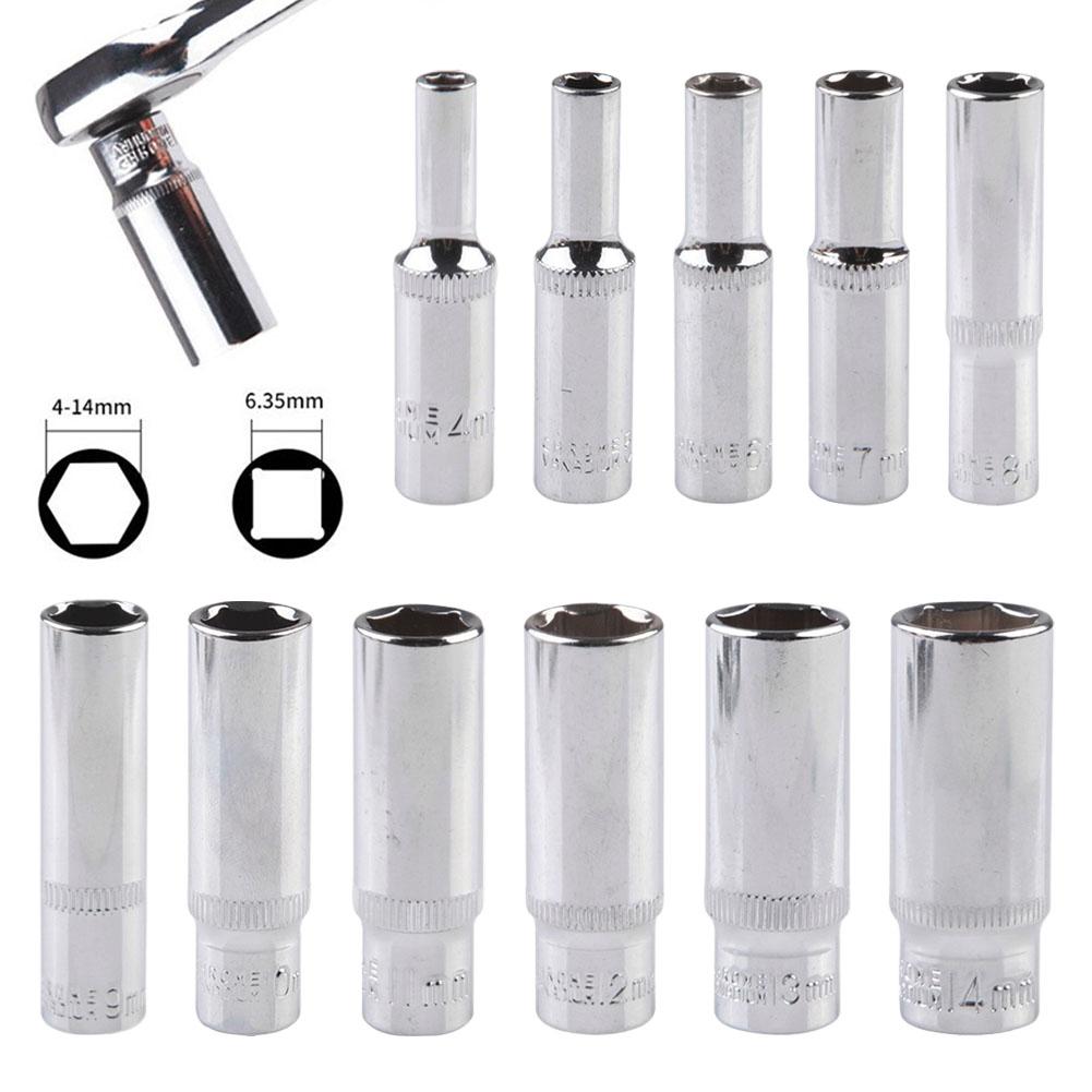 4-14mm Deep Socket Adapter 1/4inch Hex Socket Wrench Heads Ratchet Tool 6.35mm Head Interface Socket Wrench Metric Hex Wrench