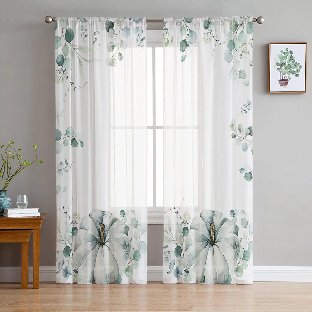 Ringraziamento Autunno Eucalipto Zucca Camera da letto Tende Trasparenti Voile Tulle Decorazione Festiva Finestra