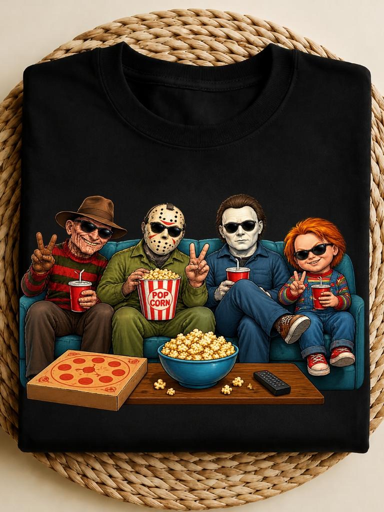 Spooky Movie Night Graphic Tee, Funny Horror Fan Shirt, Retro Halloween T-Shirt, Casual Short Sleeve Gift for Horror Lovers