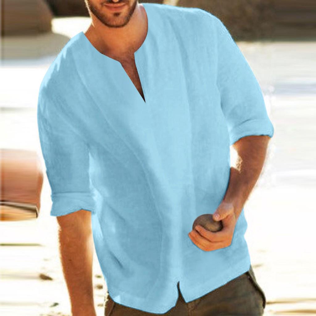 

Мужские мешковатые однотонные футболки из смеси хлопка с v-образным вырезом три четверти, топы, блузки XL